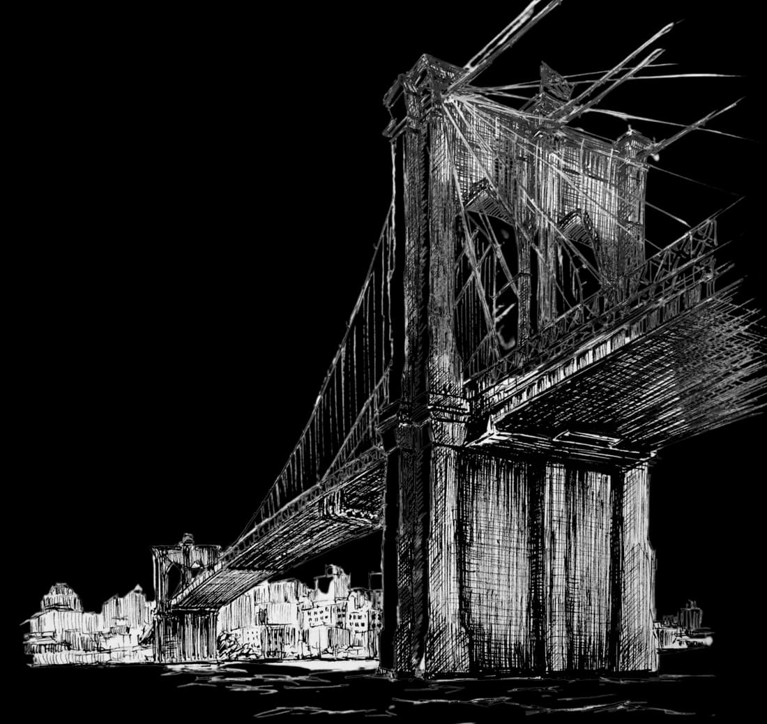 Pen-and-ink drawing of the Brooklyn Bridge seen from the water, looking up at the Manhattan-side tower